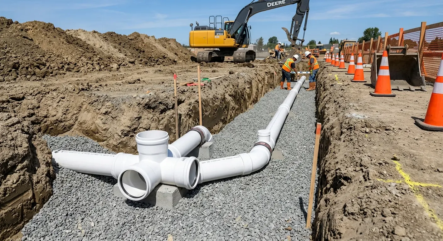 New PVC sewer pipe installation in open trench for Sewer Backup in Moab